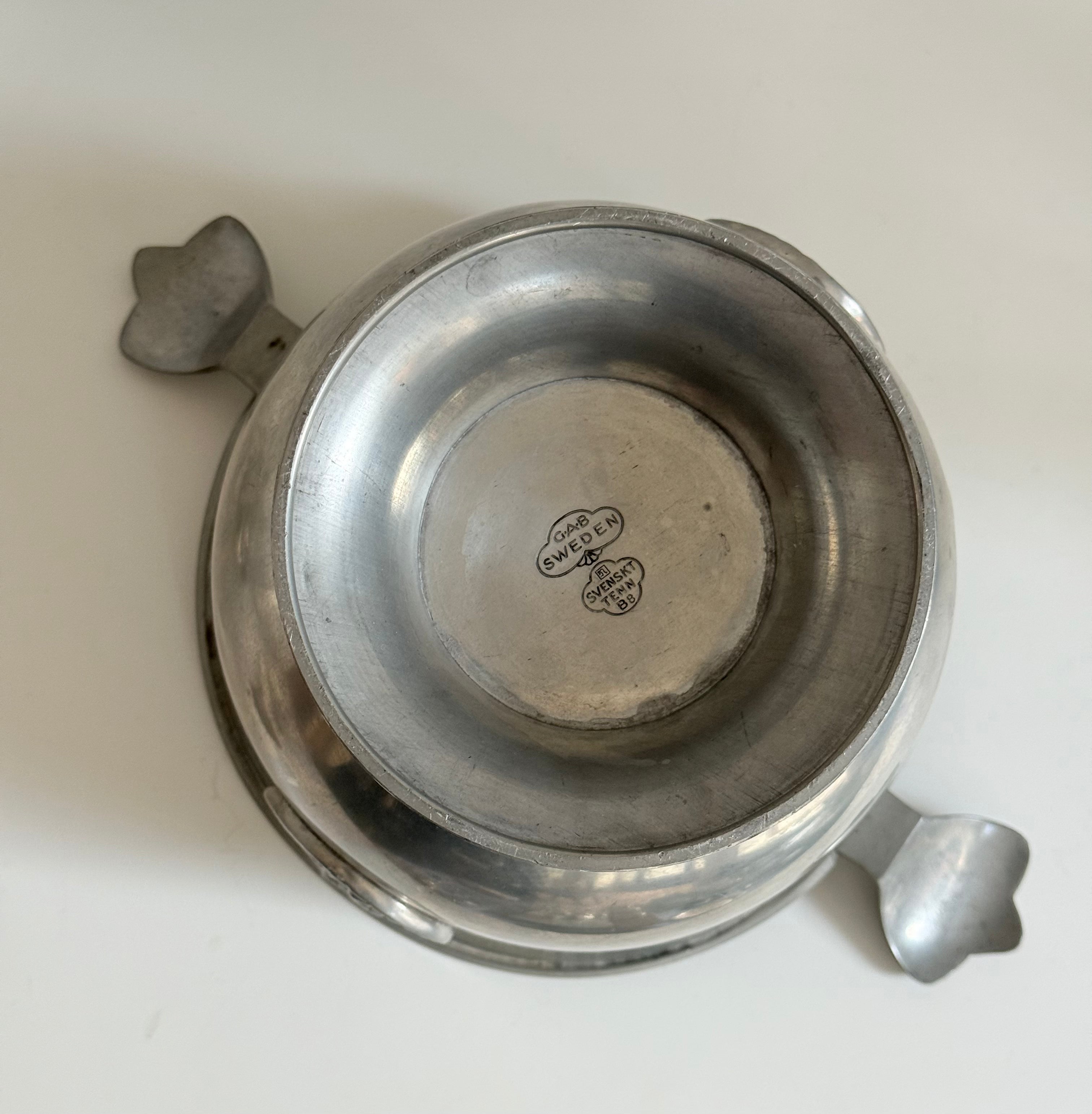 vase / bowl with handles in tin, marked gab (guldsmedsaktiebolaget)