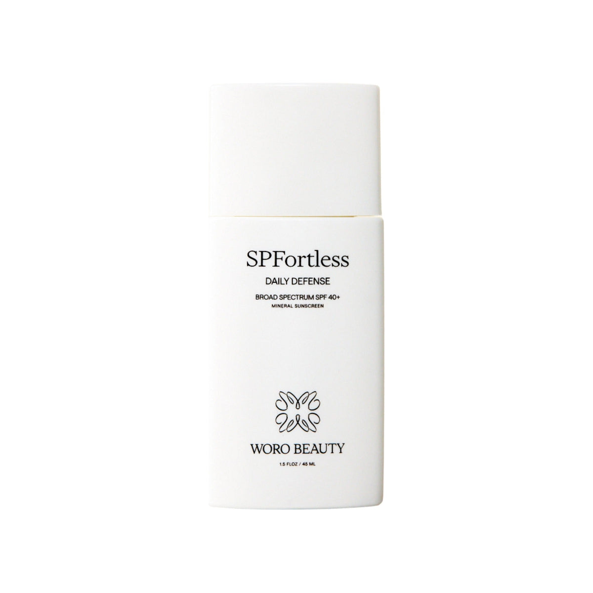 Woro Beauty SPFortless Daily Defense broad spectrum SPF 40+ mineral sunscreen in a white 45 ml bottle - spf collection cover