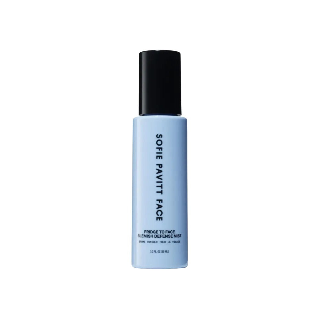 Sofie Pavitt Face Fridge to Face Blemish Defense Mist in a pale blue 3.2 fl oz spray bottle with black cap - toner collection cover