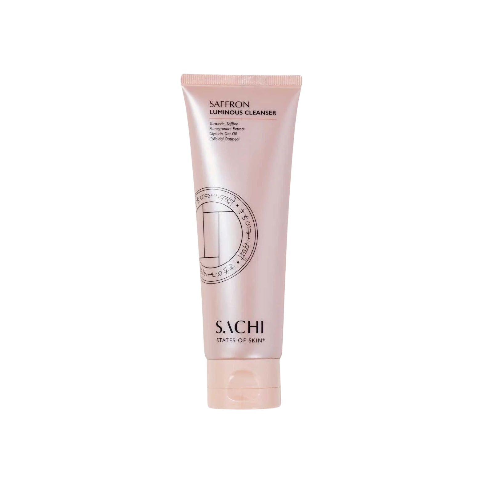 Sachi States of Skin Saffron Luminous Cleanser in a blush-pink squeeze tube with turmeric and pomegranate extract