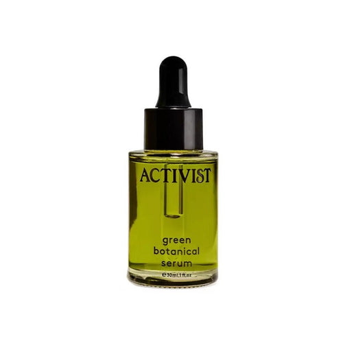 Activist Green Botanical Serum in a glass dropper bottle with olive-green oil, 30ml