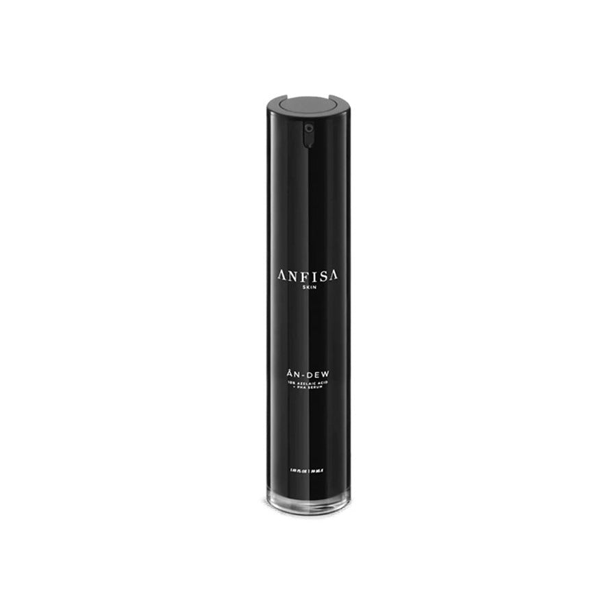 Anfisa Skin Àn-Dew serum in a tall sleek black airless pump bottle