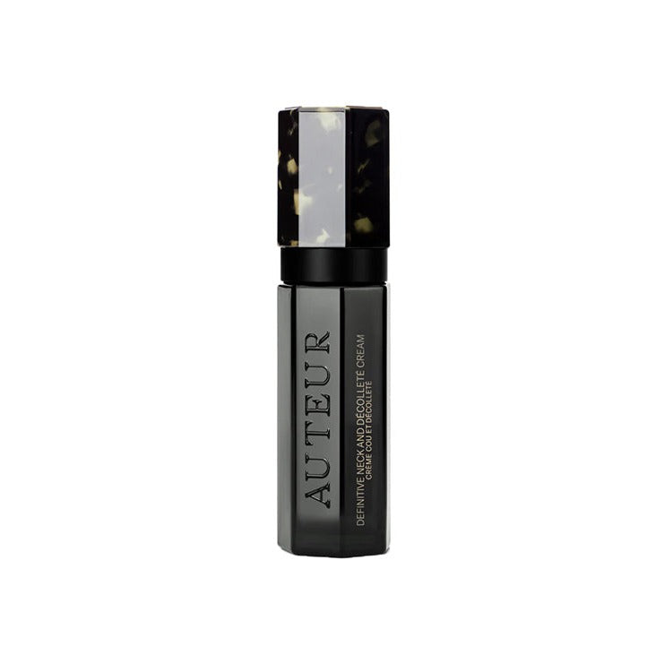 Auteur Definitive Neck and Décolleté Cream in a sleek black bottle with tortoiseshell cap