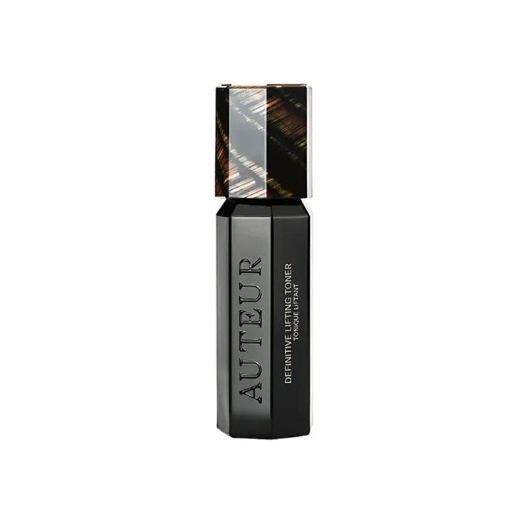 Auteur Definitive Lifting Toner in a matte black faceted bottle with tortoiseshell cap