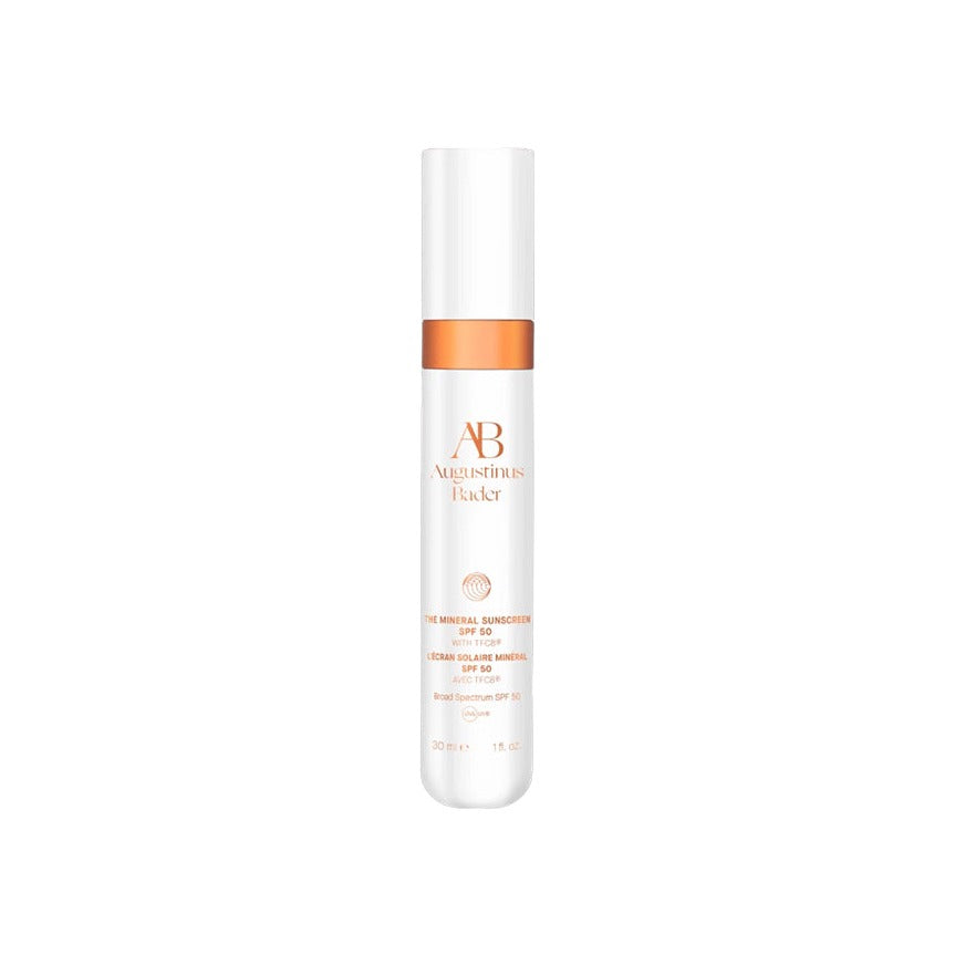 Augustinus Bader The Mineral Sunscreen SPF 50 in a white pump bottle with orange label, 30ml