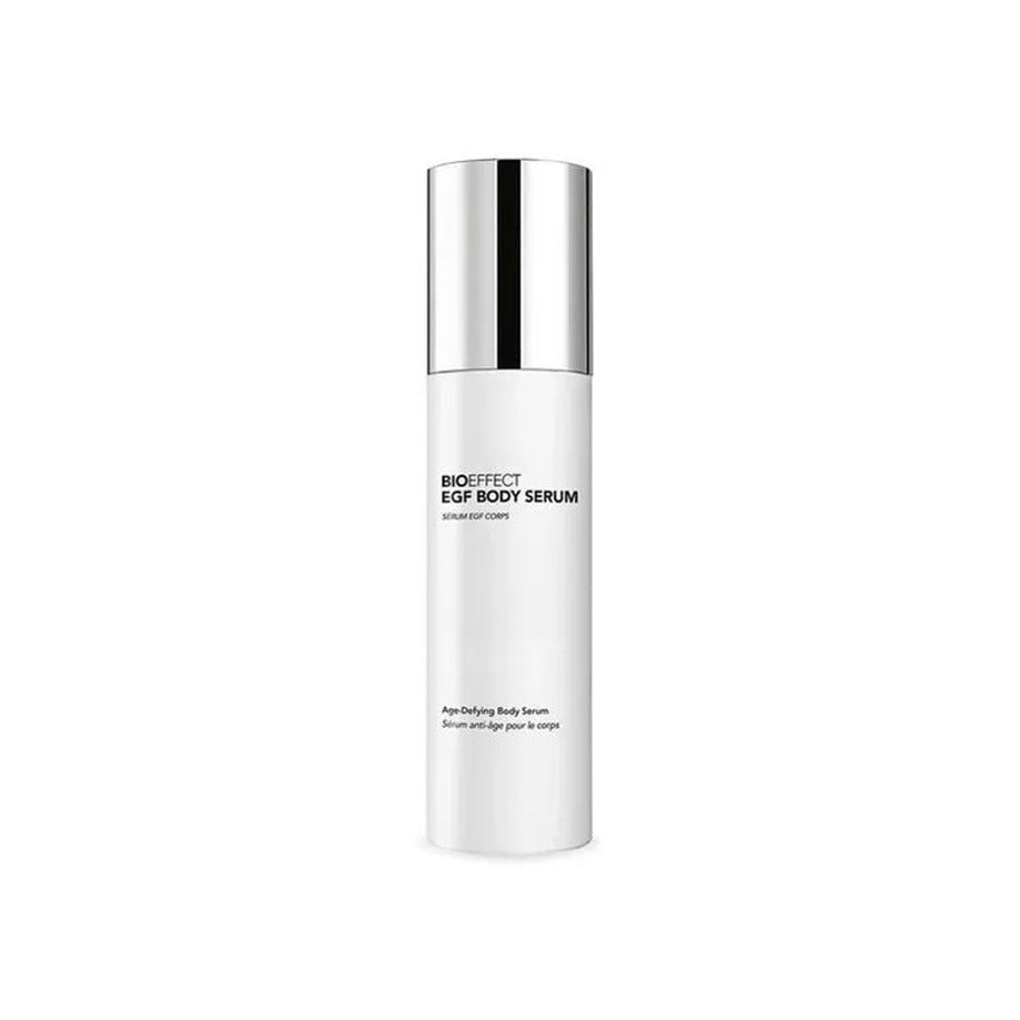Bioeffect EGF Body Serum in a sleek white bottle with silver pump cap