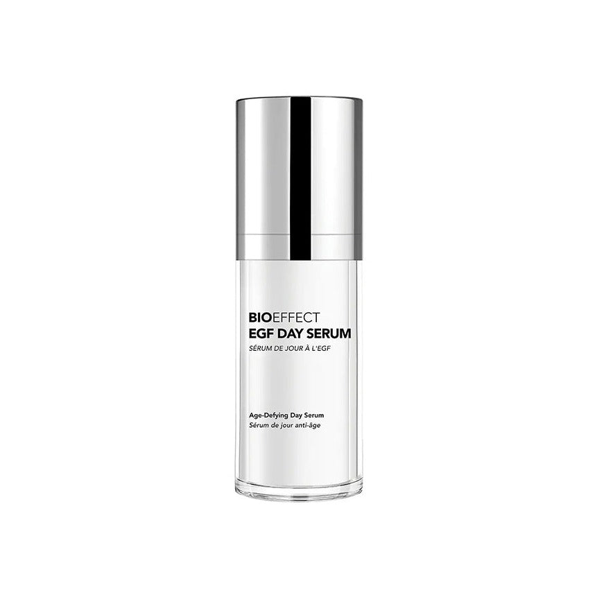 Bioeffect EGF Day Serum age-defying facial serum in a sleek airless pump bottle with silver cap
