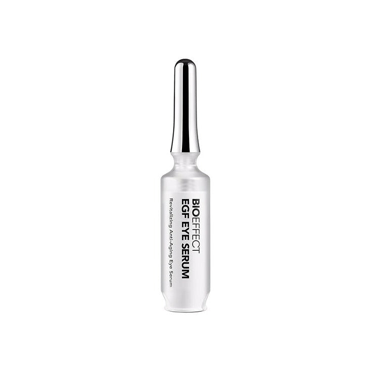 Bioeffect EGF Eye Serum in a slim glass ampoule bottle with a metal roller tip