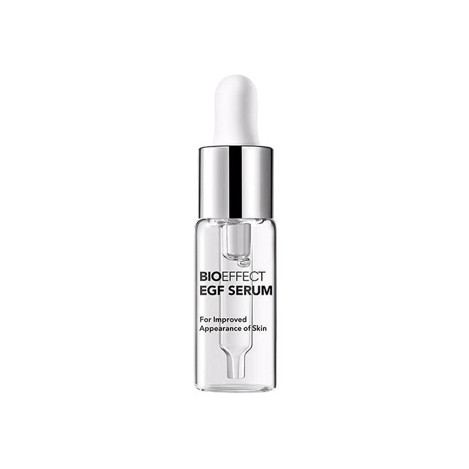Bioeffect EGF Serum in a small clear glass dropper bottle with silver collar and white bulb