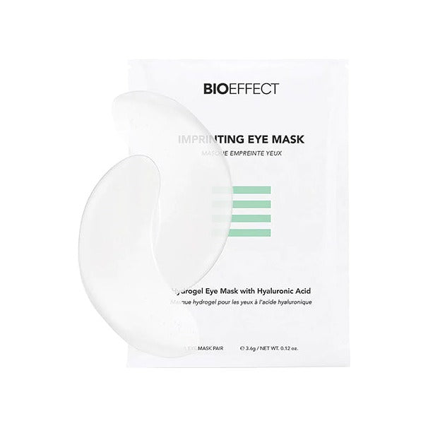 Bioeffect Imprinting Eye Mask packet with one clear hydrogel under-eye patch displayed in front