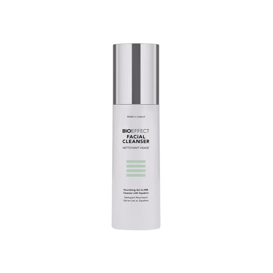 BioEffect Facial Cleanser nourishing gel-to-milk formula in a slim white pump bottle with silver cap
