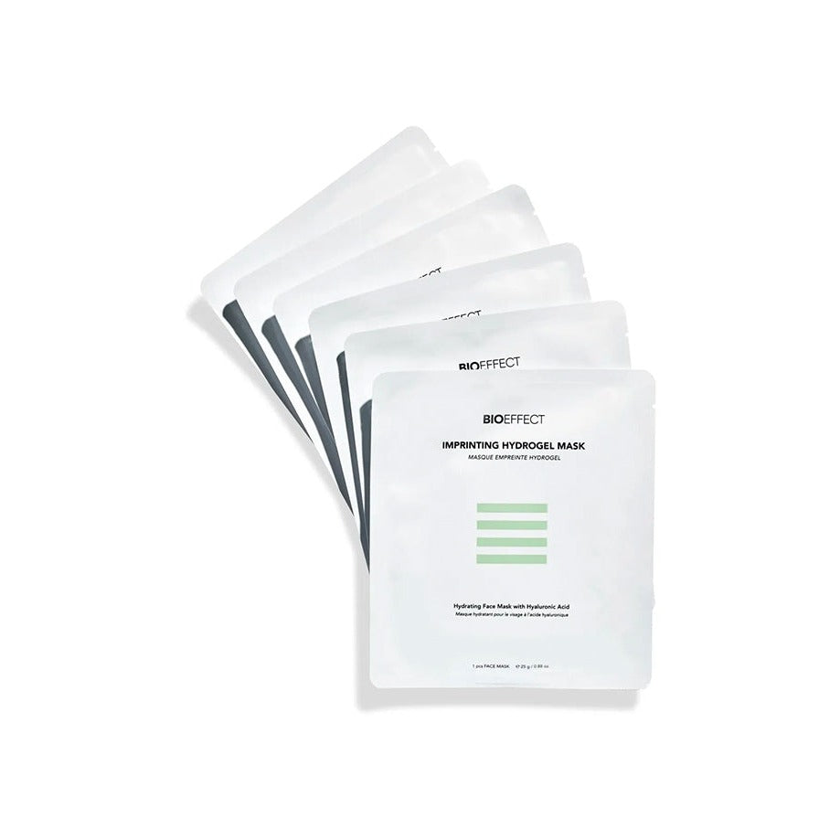 Bioeffect Imprinting Hydrogel Mask individual packets fanned out, set of five white foil pouches