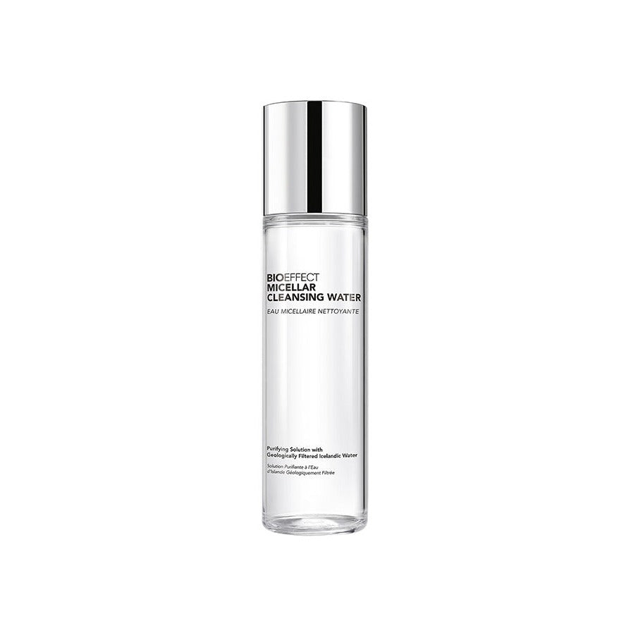 Bioeffect Micellar Cleansing Water in a clear glass bottle with silver cap