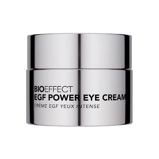 BioEffect EGF Power Eye Cream sample in a small silver jar