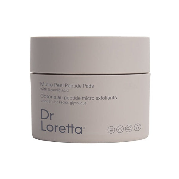 Dr. Loretta Micro Peptide Peel Pads with glycolic acid in a taupe jar
