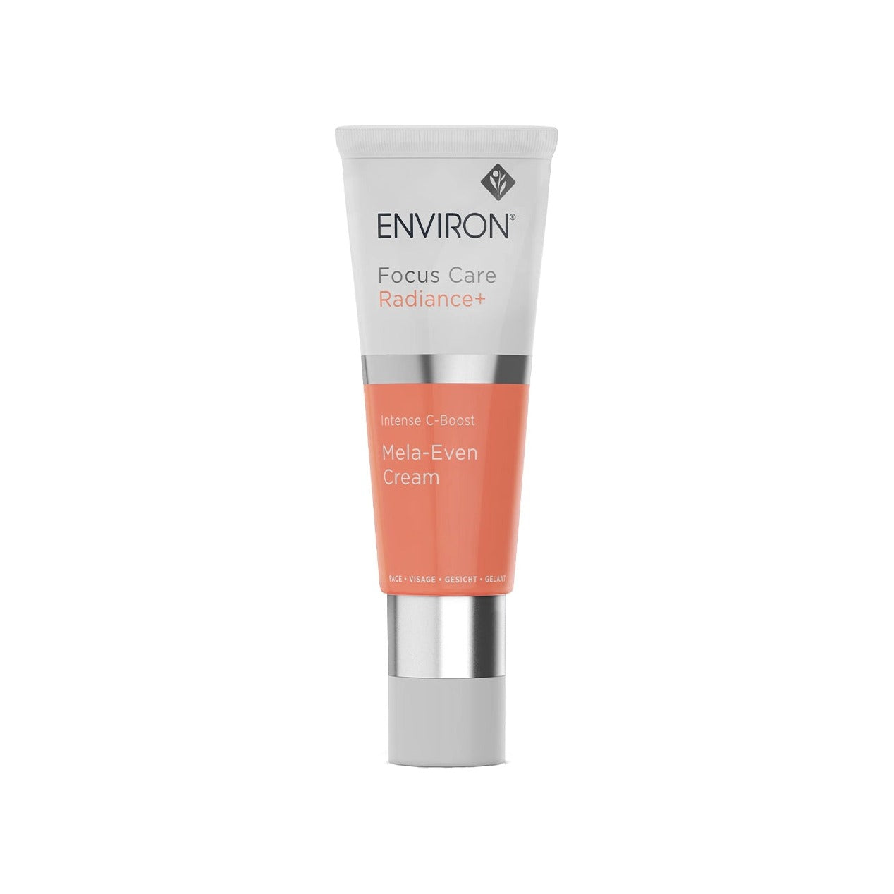 Environ Focus Care Radiance+ Intense C-Boost Mela-Even Cream tube in coral and grey