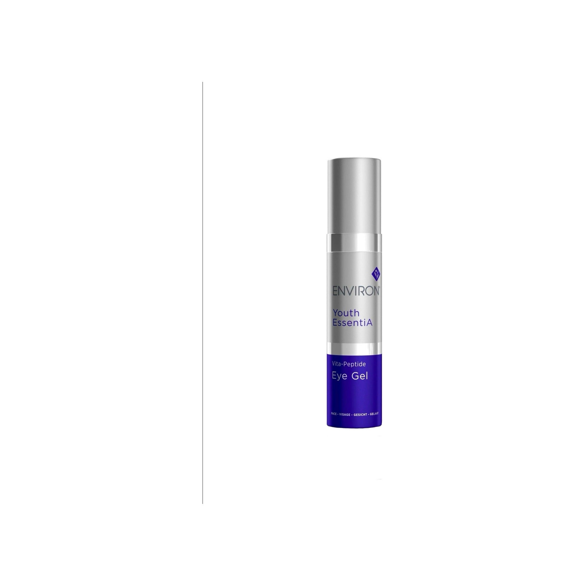 Environ Youth EssentiA Vita-Peptide Eye Gel in a slim silver and purple pump bottle