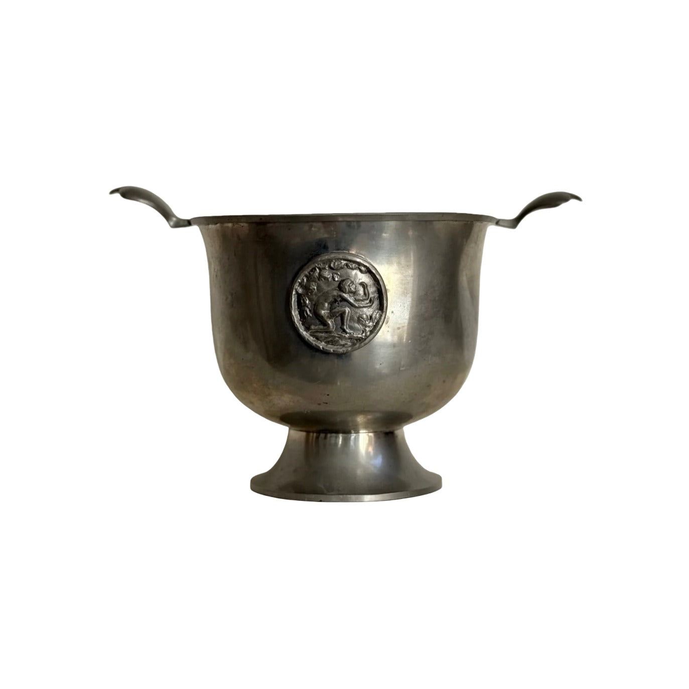 Vintage GAB-marked tin vase bowl with handles and embossed medallion on footed base