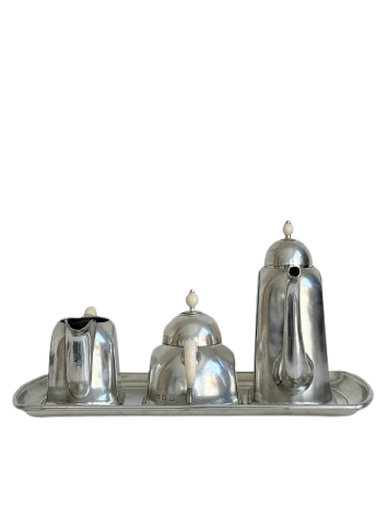 trio on tray in pewter: pitcher, sugar bowl, milk can