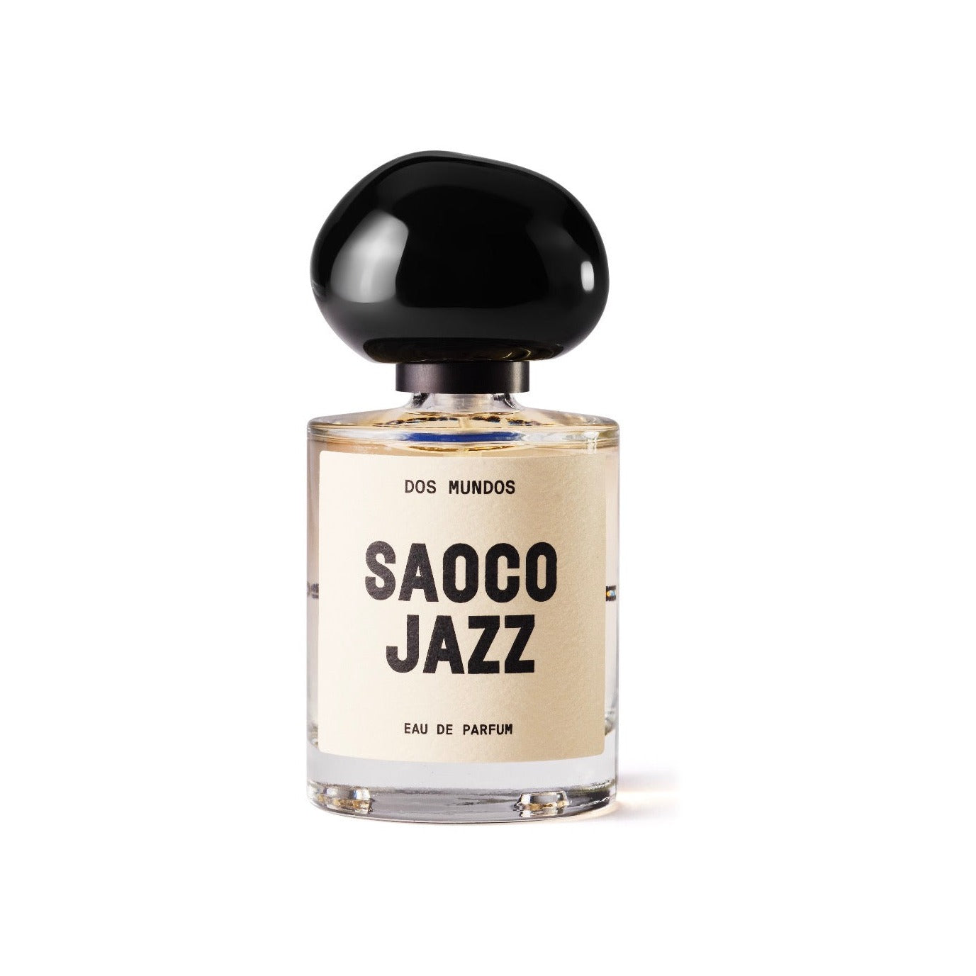 Dos Mundos Saoco Jazz Eau de Parfum in a clear glass bottle with a large rounded black cap