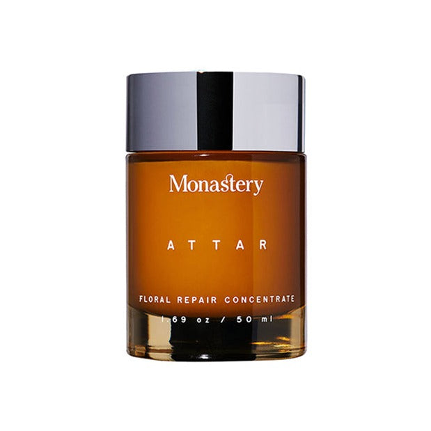 Monastery Attar Floral Repair Concentrate in a 50 ml amber glass jar with a silver lid