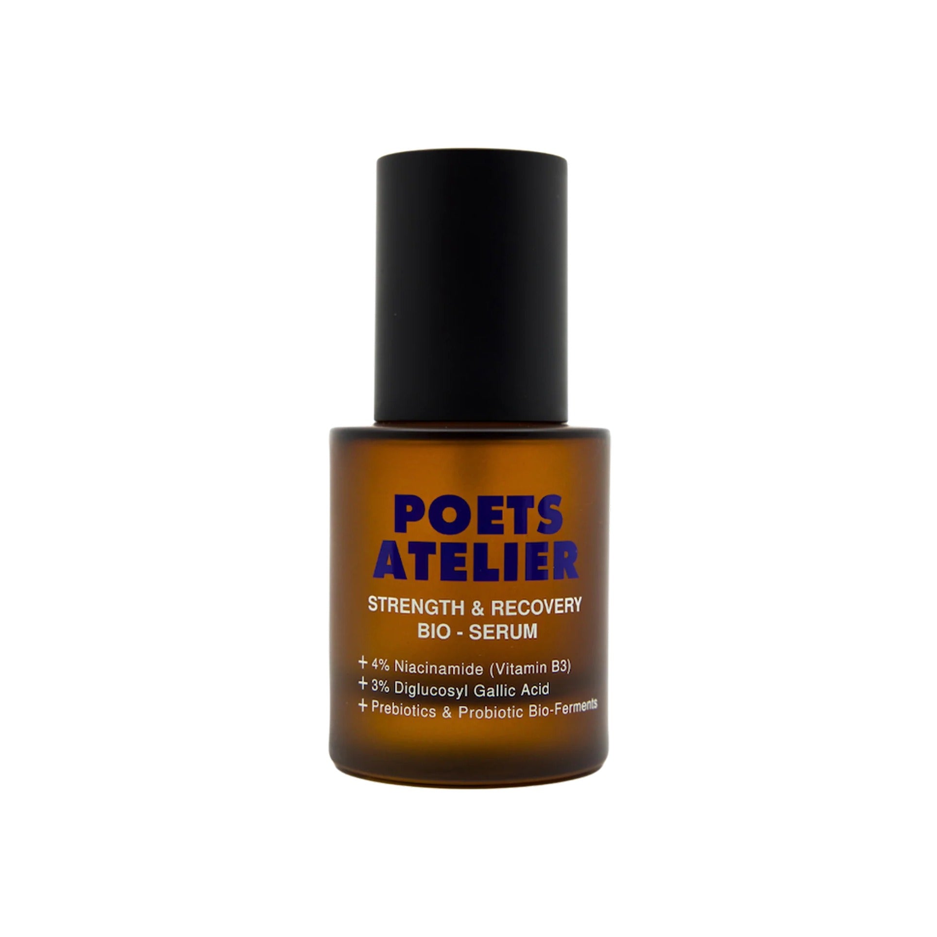 Poets Atelier Strength & Recovery Bio Serum in an amber glass dropper bottle with black cap