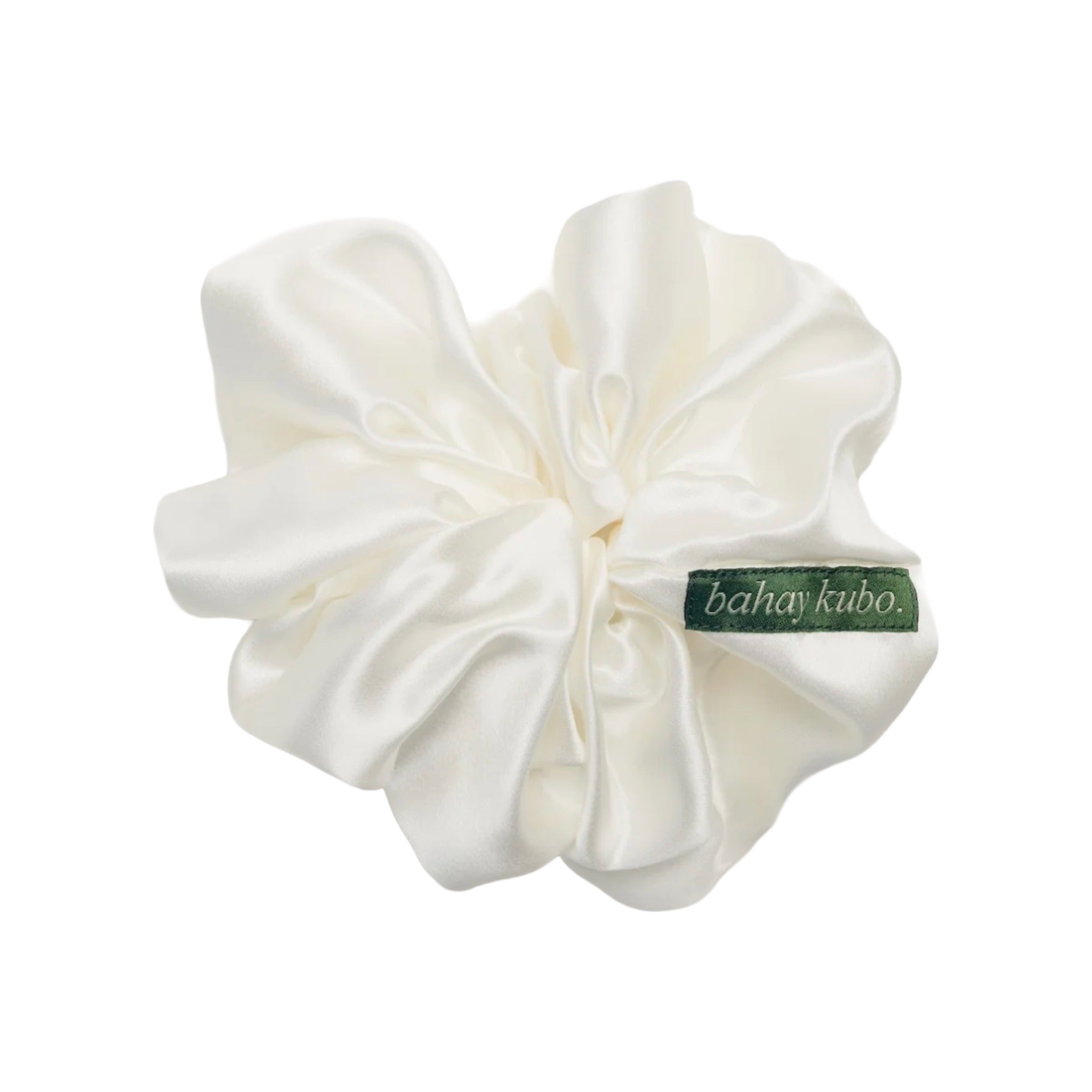 Bahay Kubo oversized ivory satin scrunchie with green branded label