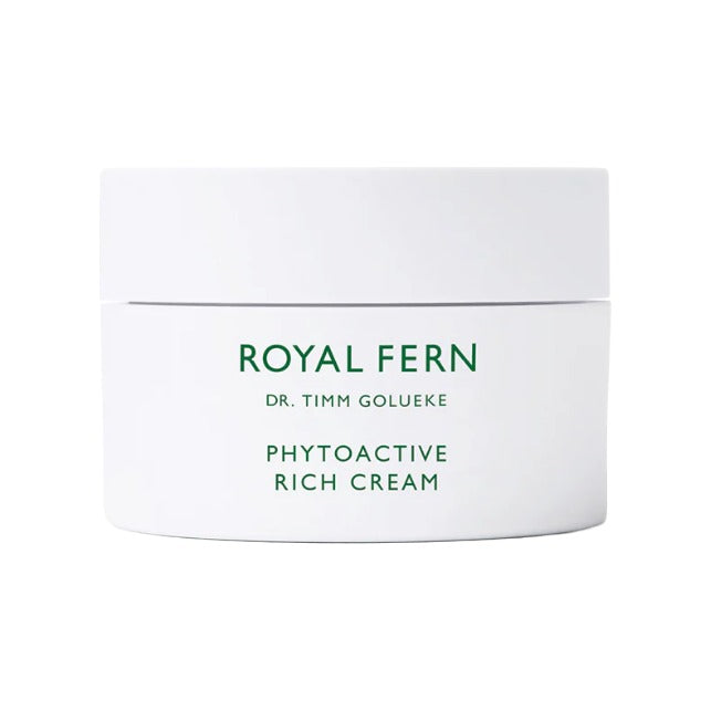 Royal Fern Phytoactive Rich Cream in a white jar with green text
