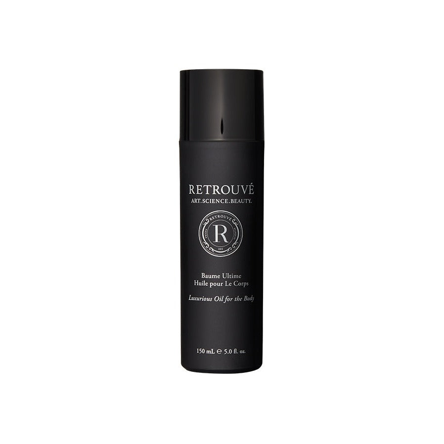 Retrouvé Baume Ultime Body Oil in a sleek matte black pump bottle, 150 ml