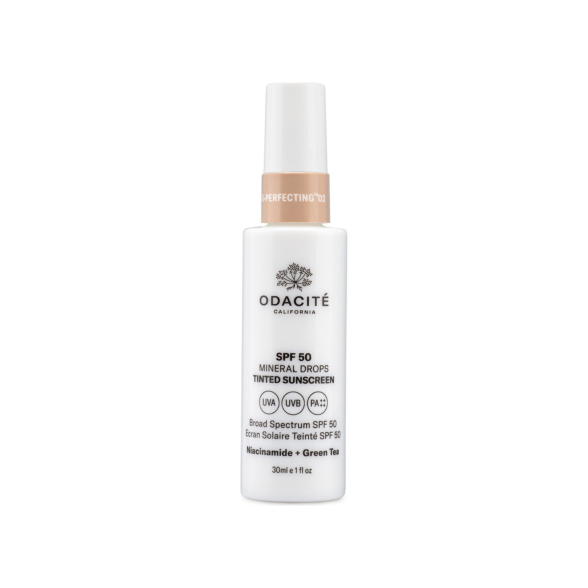 Odacité Tinted Mineral Drops Sunscreen SPF 50 in shade Perfecting 02, 30ml pump bottle