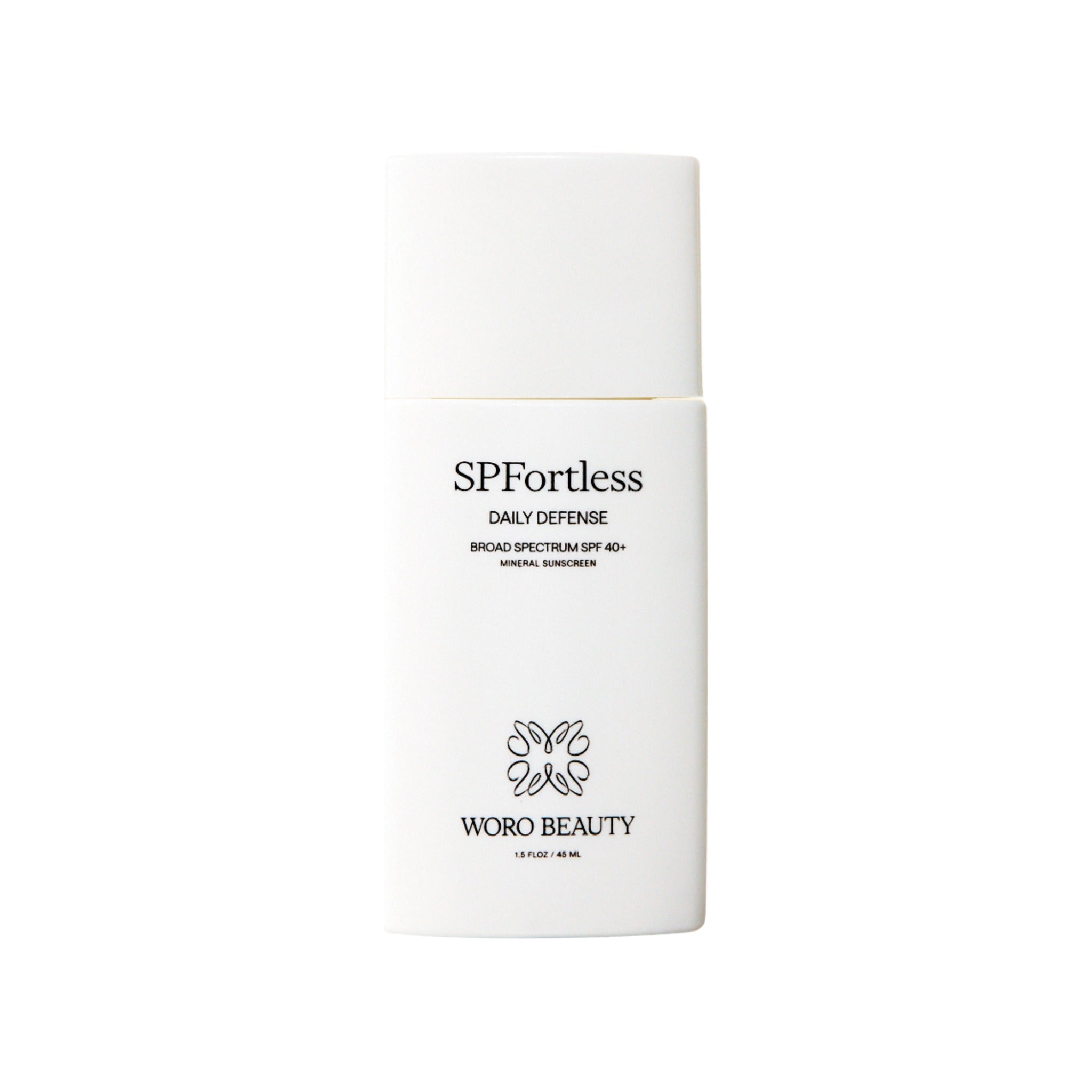 Woro Beauty SPFortless Daily Defense broad spectrum SPF 40+ mineral sunscreen, 45 ml white bottle