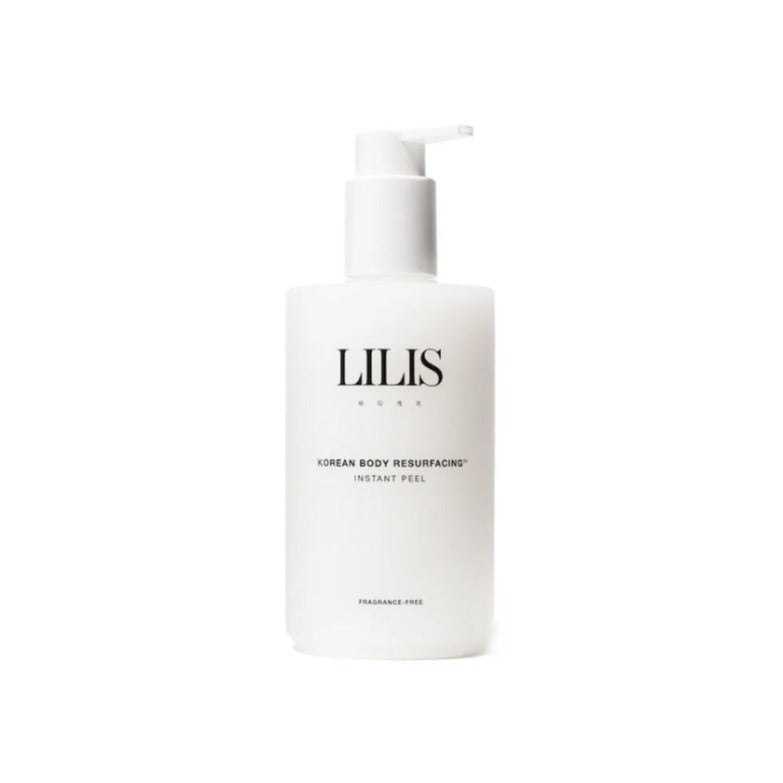 Lilis Korean Body Resurfacing Instant Peel in a white pump bottle, fragrance-free formula