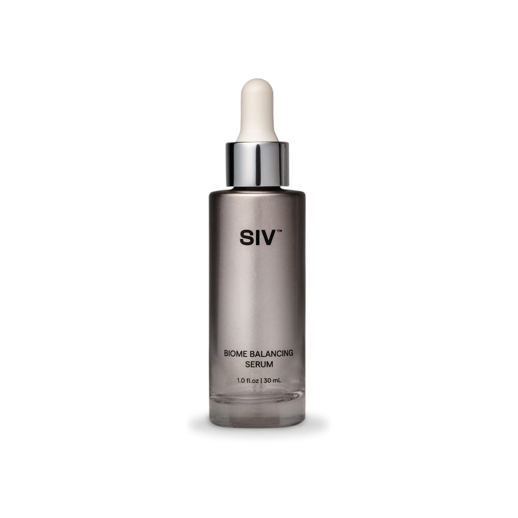 SIV Biome Balancing Serum in a 30 ml smoky glass dropper bottle with silver collar