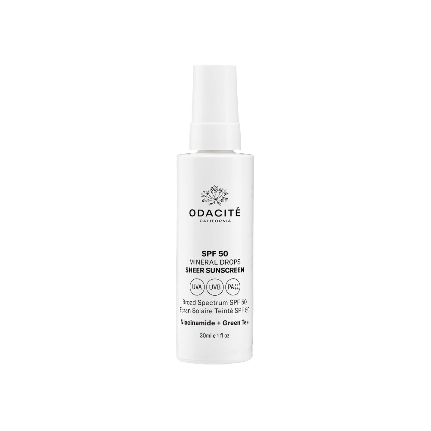 Odacité Sheer Mineral Drops SPF 50 sunscreen in a white 30ml pump bottle