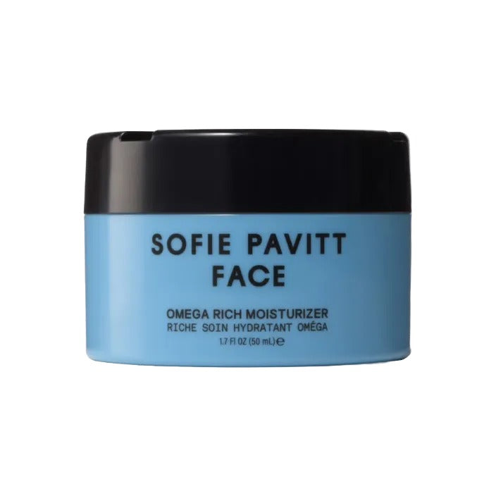 Sofie Pavitt Face Omega Rich Moisturizer in a blue jar with black lid, 50 ml