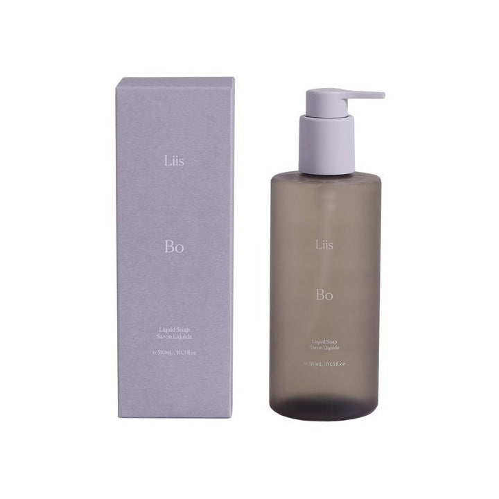 Liis Bo Liquid Soap in smoky grey pump bottle with soft lavender box packaging