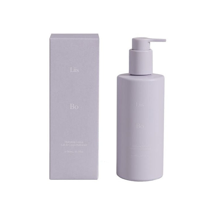 Liis Bo Hydrating Lotion pump bottle and matching lilac box