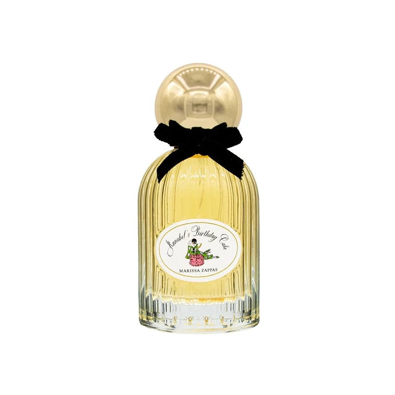 Marissa Zappas Annabel's Birthday Cake eau de parfum in a ribbed glass bottle with gold cap and black velvet bow