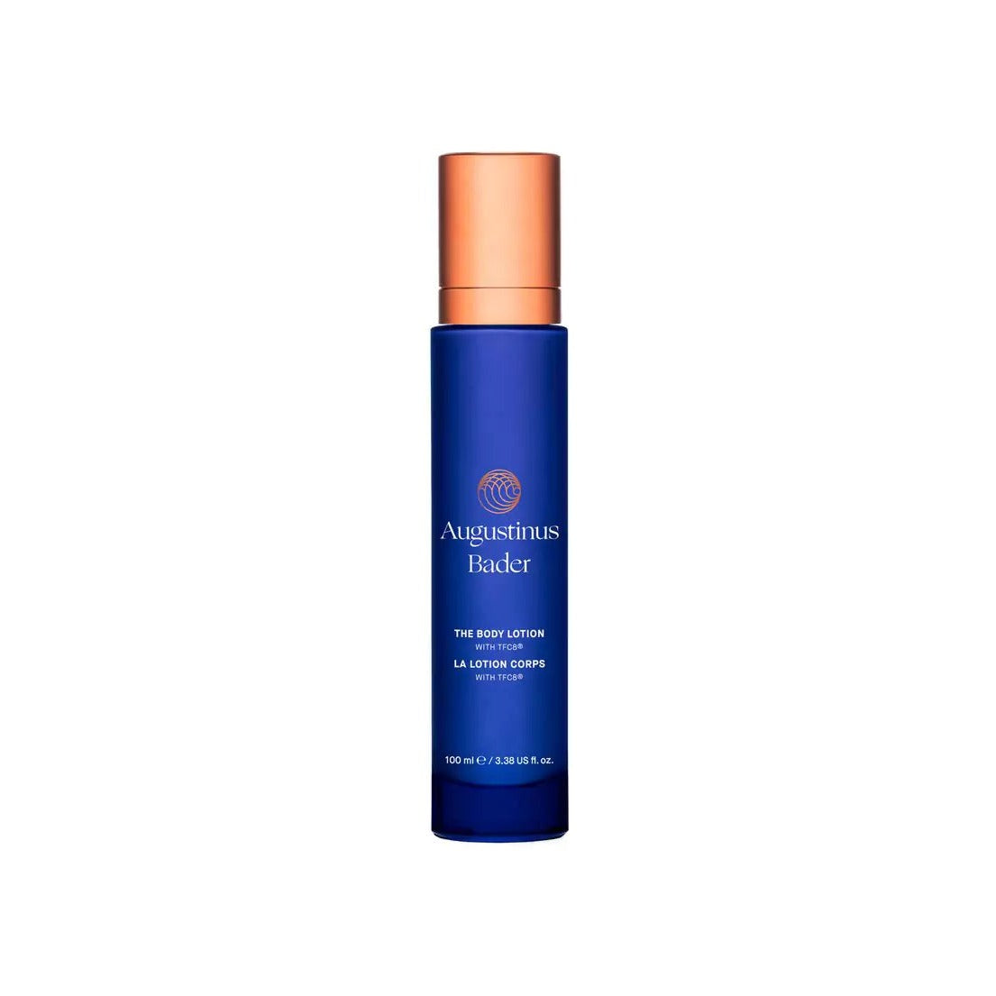 Augustinus Bader The Body Lotion 100ml in cobalt blue bottle with rose gold cap