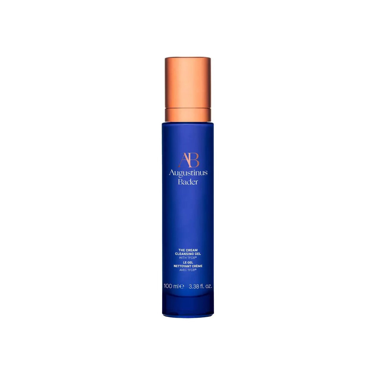 Augustinus Bader The Cream Cleansing Gel in a blue pump bottle with rose gold cap, 100 ml