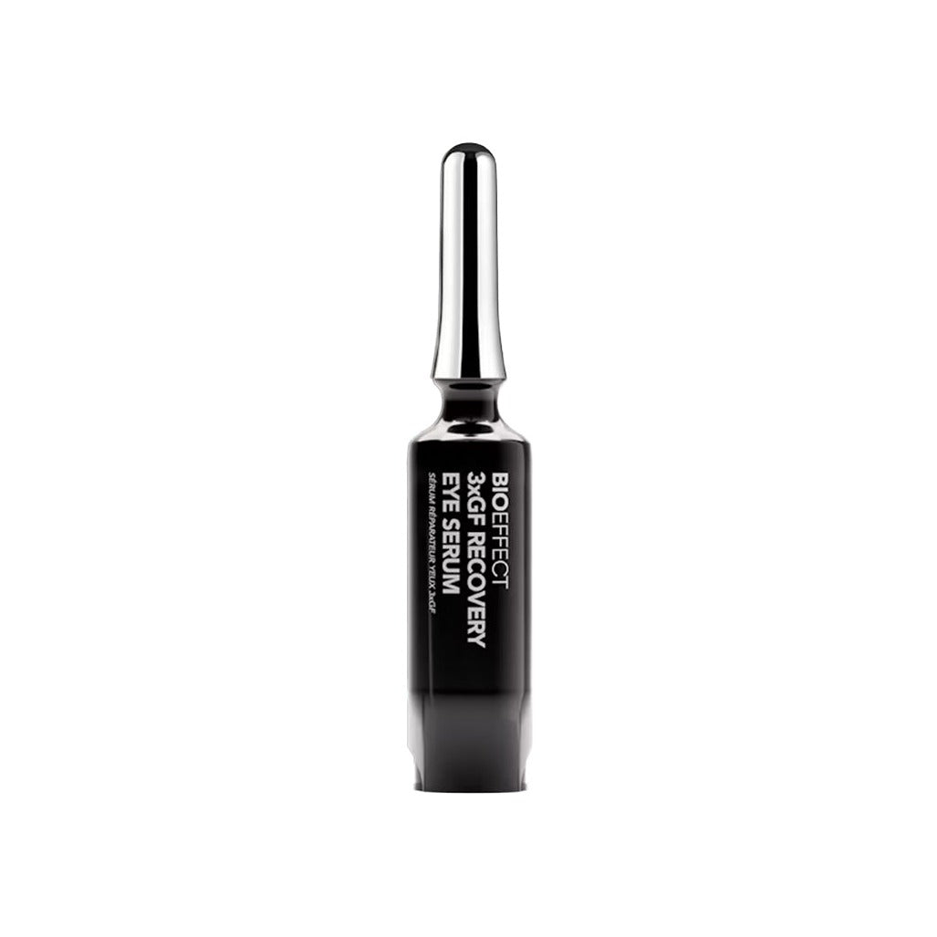 Bioeffect 3XGF Recovery Eye Serum in a sleek black ampoule bottle with silver applicator tip