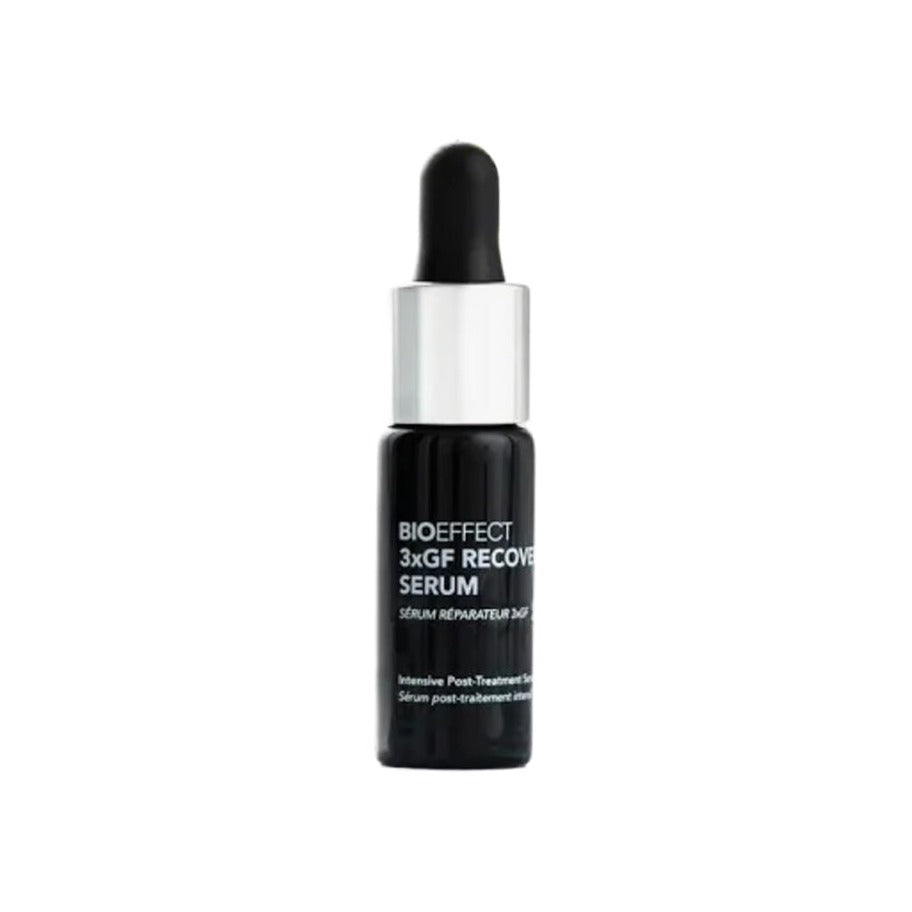 Bioeffect 3xGF Recovery Serum in a small dark glass dropper bottle with silver collar