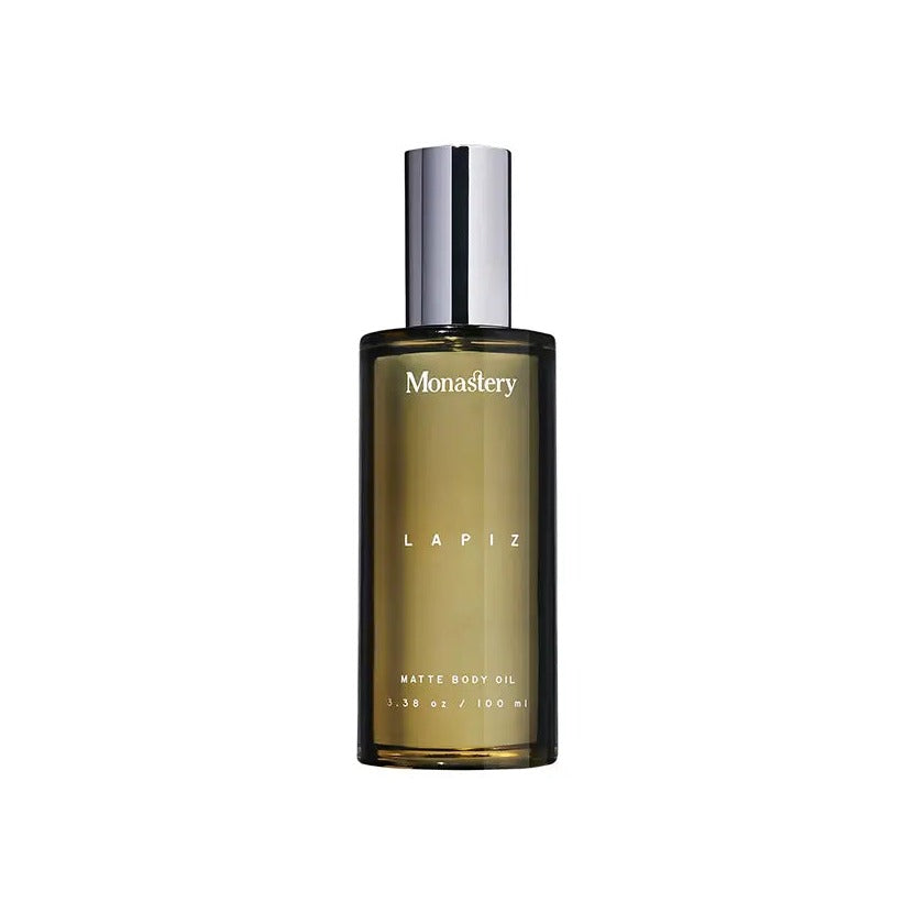 Monastery Lapiz Matte Body Oil in a dark amber glass spray bottle, 100 ml