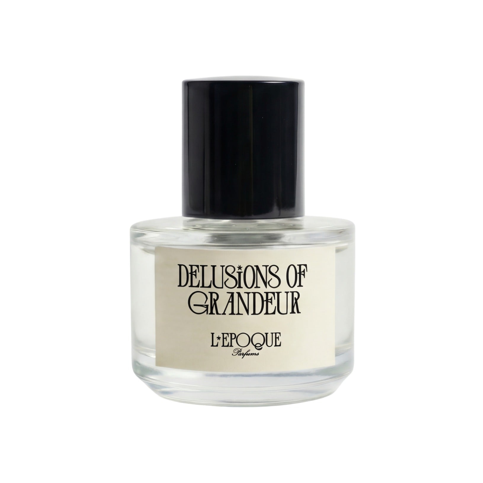 L'Epoque Delusions of Grandeur eau de parfum in a clear glass bottle with black cap