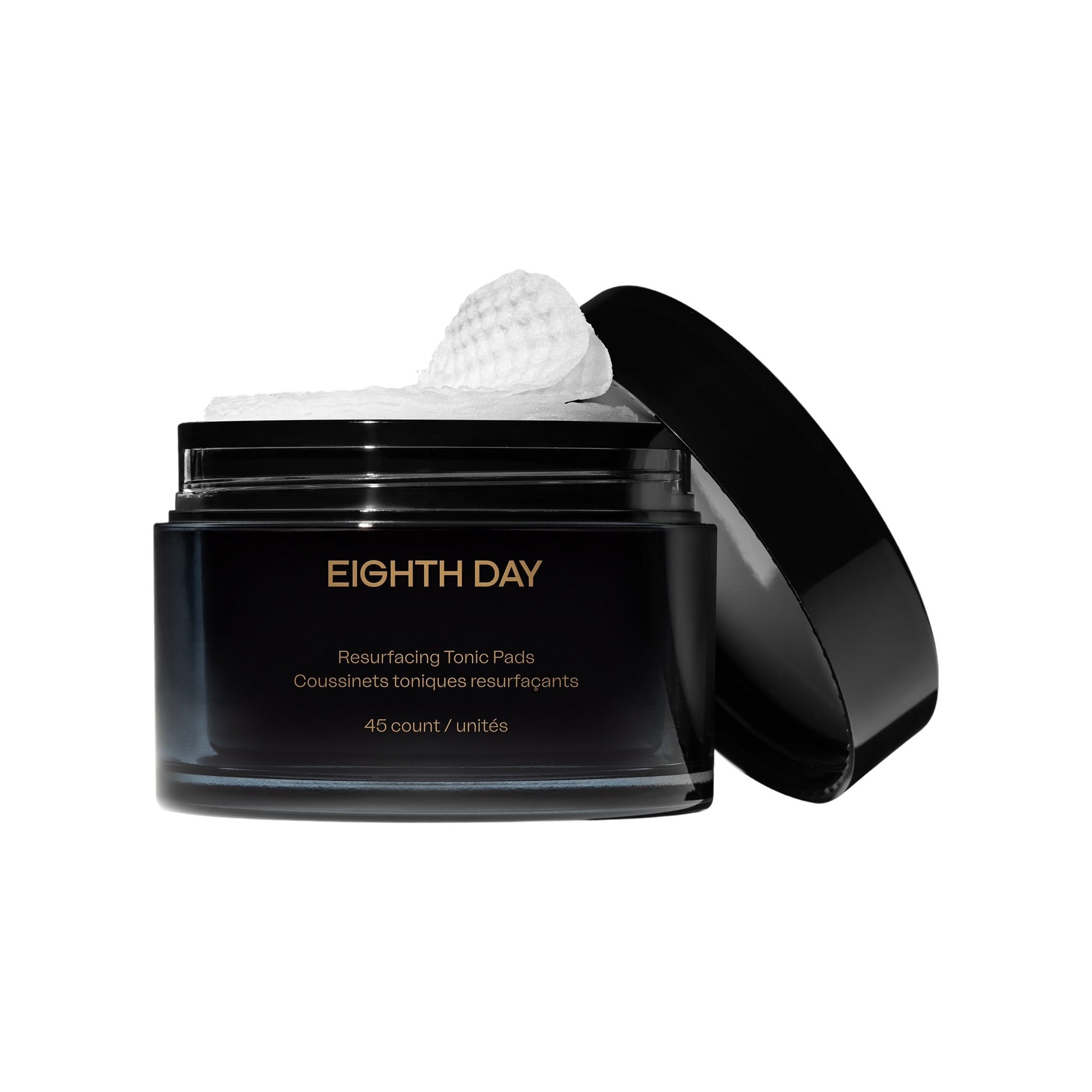 Eighth Day Resurfacing Tonic Pads in open black jar showing textured exfoliating pad, 45 count