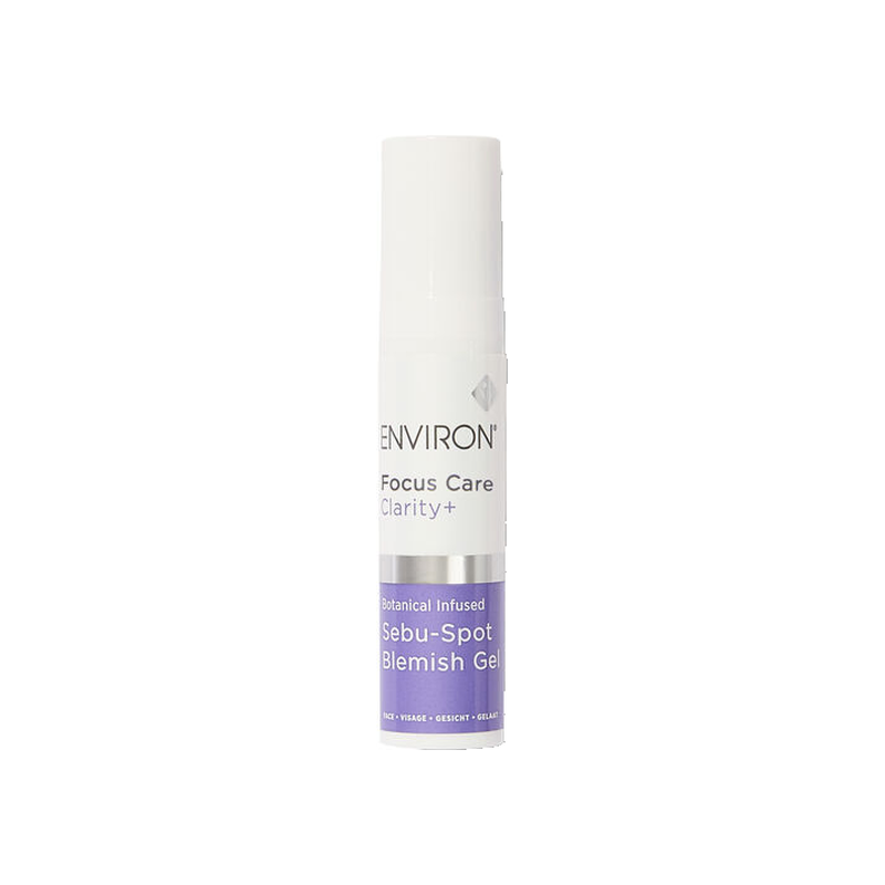Environ Focus Care Clarity+ Botanical Infused Sebu-Spot Blemish Gel in a slim white and purple pump bottle