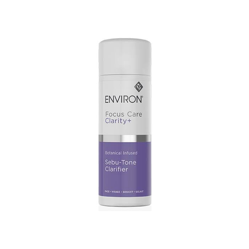 Environ Focus Care Clarity+ Botanical Infused Sebu-Tone Clarifier in a white and purple pump bottle