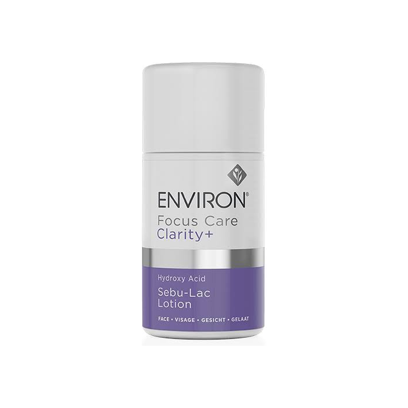 Environ Focus Care Clarity+ Hydroxy Acid Sebu-Lac Lotion in a white and purple pump bottle