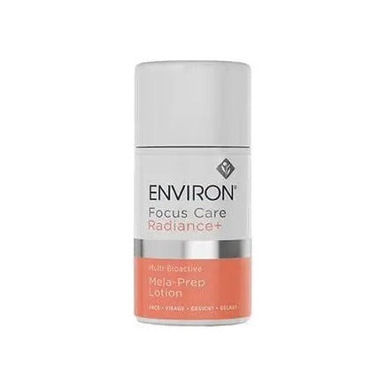 Environ Focus Care Radiance+ Multi-Bioactive Mela-Prep Lotion in a compact white and coral bottle