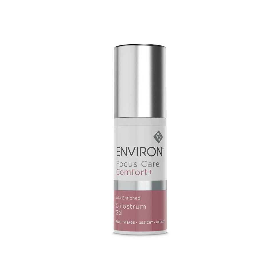 Environ Focus Care Comfort+ Vita-Enriched Colostrum Gel in a slim pump bottle with silver cap